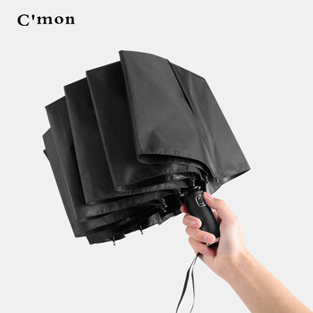 C'mon全自动晴雨伞三折大号防风加固男士商务折叠自动伞 10骨黑胶黑