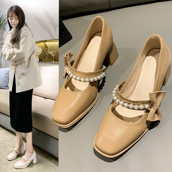 女春季新款休闲鞋女鞋职场高跟鞋女粗跟工作鞋子女皮鞋yfd调506杏色38