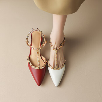 她她贝品牌设计感t型带红色玛丽珍小皮鞋铆钉尖头高跟鞋后空包头凉鞋