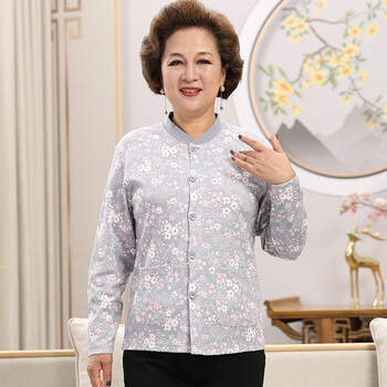 加肥加大码老太太对襟开身系扣上衣女士精梳棉加厚棉毛衫外穿保暖上衣