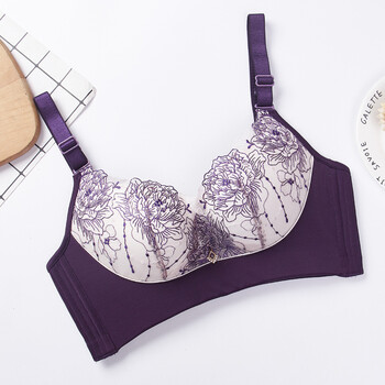 新款高端宫廷刺绣内衣女士无钢圈文胸套装聚拢调整型性感蕾丝 紫罗兰