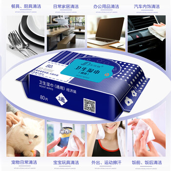 三仕达卫生湿巾80片*3包卫生湿巾洁肤湿纸巾马桶杀菌宠物清洁 不含酒精