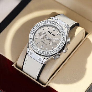 dom手表女多功能满钻胶带大表盘日历时尚石英女士手表学生表节日礼物