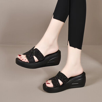 梵侈赫尔轻奢品牌坡跟水钻凉拖鞋女高跟真皮韩版厚底h半拖夏外穿松糕