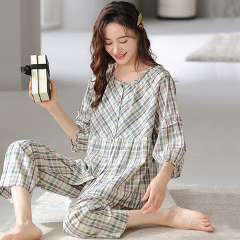 睡衣女梭织纯棉春夏薄款半袖格子家居服中年女士夏季纱布全棉套装5015