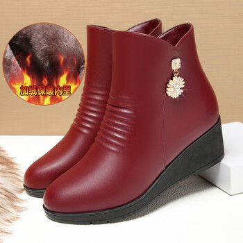 红蜻蜓真皮妈妈棉鞋女冬季加绒保暖防滑坡跟平底皮鞋中年女短靴皮靴棉