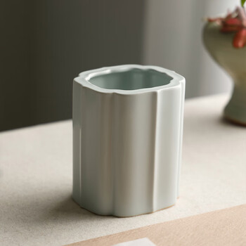 漢墨 汝窑海棠毛笔笔筒 大号容量陶瓷器学生毛笔收纳笔筒 文房四宝办公桌面高颜值瓷器摆件