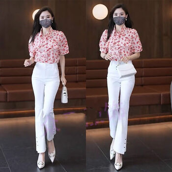皮尔卡丹时尚洋气套装女2024年新款夏季气质雪纺衬衫小个子女装职业两
