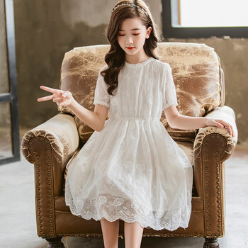 小女孩裙子912岁中大童学生白色公主裙礼服夏装蕾丝洋气初中生宽松