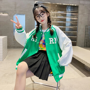 小孩秋装夹克风衣宝宝长袖上衣中大童装女314岁绿色刺绣字母外套120