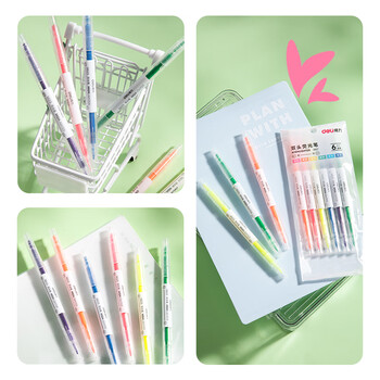 得力(deli)6色双头荧光笔 学生复习醒目标记笔 手帐水性记号笔 6支/盒DLSX-S627 开学文具