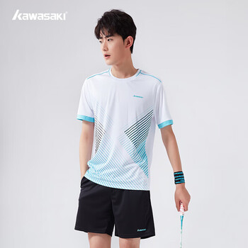 川崎（KAWASAKI）羽毛球服套装夏款运动速干短袖T恤训练队服A1806 男款白黑 XL