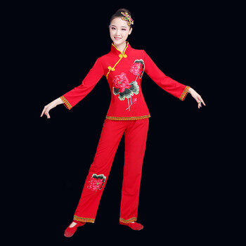 舞秧歌服装套装成人女民族舞蹈腰鼓服演出服扇子舞服红色s>(特价捡漏)