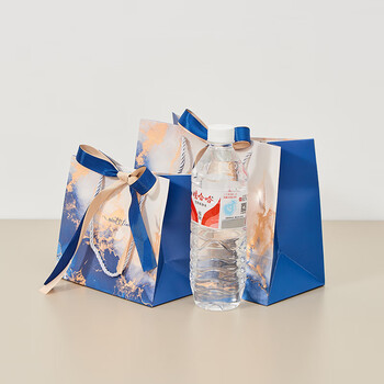 欧利文伴手礼小号包装袋中号纸袋手提袋儿童生日礼物袋子高档精致丝带礼品袋18x16x10cm 宝蓝紫幻4个装