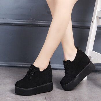 内增高女式春秋季坡跟厚底皮鞋9cm女鞋子单鞋系带松糕百搭显瘦磨砂鞋