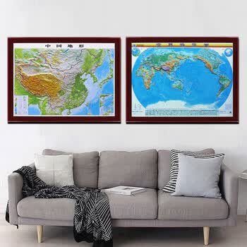 地图沙盘中国地形图世界地形图167米125米3d凹凸立体地形带实木边框
