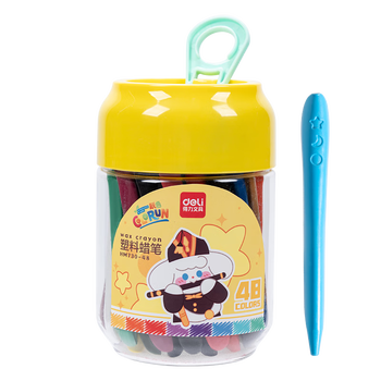 得力（deli）48色有点艺思三角杆塑料蜡笔易拉罐造型不脏手双头可水洗儿童油画棒HM730-48美育工具毕业礼物