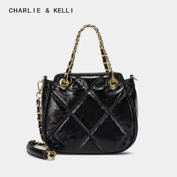 CHARLIE&KELLI新款小包ck女包官网漆皮菱格链条单肩包时尚百搭油蜡皮斜跨包包手提女式包 黑色【图片 价格 品牌 报价】-京东