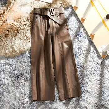 玥稚忆春秋新款牛皮皮裤高腰直筒阔腿显瘦黑色休闲修身微喇真皮皮裤女