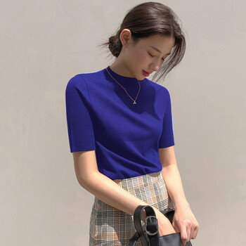 冰丝针织衫女短袖半高领新款女装薄款t恤夏季显瘦修身上衣适合女士