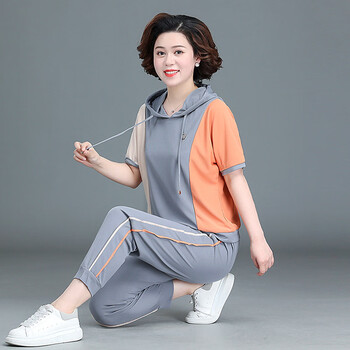 中年妈妈夏季休闲短袖时尚两件套40岁50中老年女装潮妈运动服套装灰色