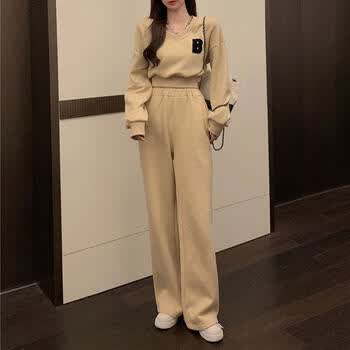 卫衣套装女时髦洋气2023年春款宽松休闲高腰薄款卫裤杏色裤子m建议80