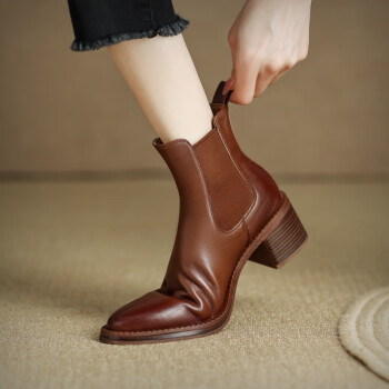 yinfan秋冬新款短靴女粗跟切尔西女靴牛皮时尚踝靴复古显瘦女式皮靴