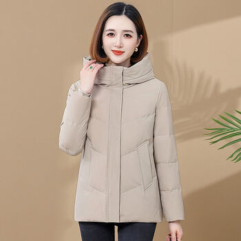 雅鹿羽绒服女短款2023新款白鸭绒加厚外套连帽宽松大码防寒服米白色