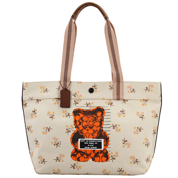 蔻驰coach 奢侈品 女士小熊印花大号单肩包米白色印花织物 f76650 qb