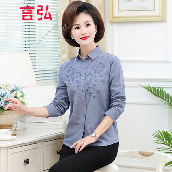 中年妈妈女装春秋纯棉长袖绣花衬衫女中老年人大码衬衣女士上衣新上