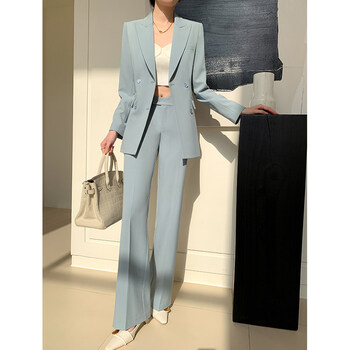 套装女春秋季时尚气质女神范职业正装休闲总裁西服 雾霾蓝西装套装 s