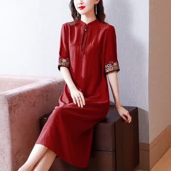 喜婆婆婚宴装平时可穿香云纱真丝旗袍连衣裙夏妈妈婚礼服大牌 红色 l