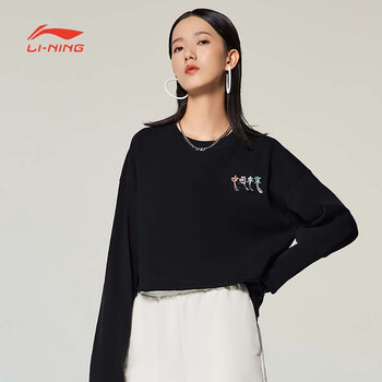 李宁中国t恤女士女装秋季休闲上衣宽松运动长袖文化衫ahss084黑色ahss