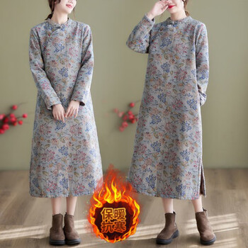盛袂旗袍棉袄中长款秋冬气质禅意茶服改良连衣加厚夹棉中国风花色m95
