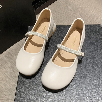 软皮单鞋女夏2023新款女鞋春秋百搭浅口平底配裙子玛丽珍鞋米白色35