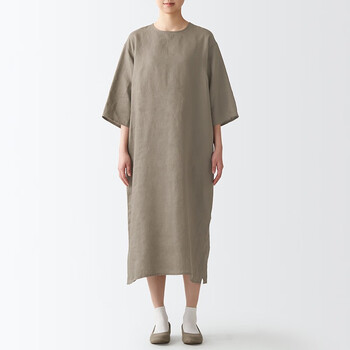 无印良品 muji 女式 法国亚麻水洗 七分袖连衣裙 bcl47c2s 浅灰棕色