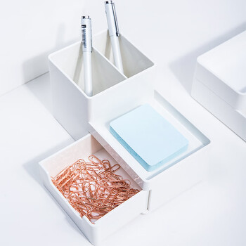 得力(deli)8907 学生办公桌面收纳盒 多功能带抽屉创意笔筒化妆盒多隔收纳桌面储物盒 白色 单个装