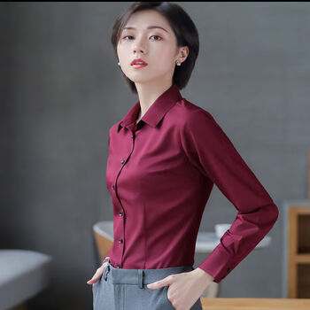 女长袖韩版修身衬衣工作服职业装酒店商务正装上衣女酒红色肤面料5xl