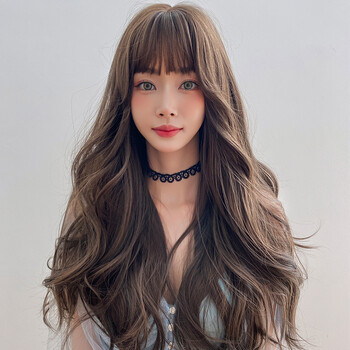 假发女长发整顶空气刘海全头套式蓬松大波浪卷发时尚长发蜜茶亚麻65cm