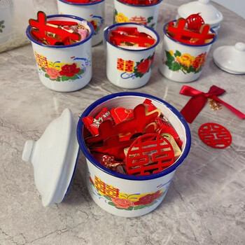 雅漫庭 珐琅搪瓷带盖茶缸 经典复古怀旧老式红花喜搪瓷铁茶缸子婚礼