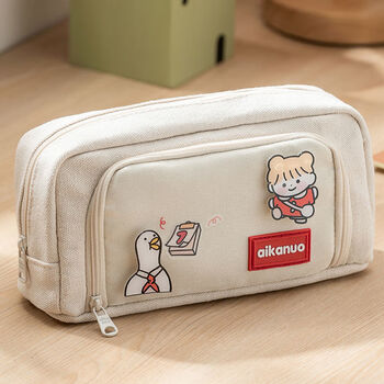 婕染 简约ins风双拉链大开口帆布笔袋网红文具盒高