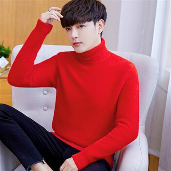红色毛衣男高领毛衣男厚款韩版宽松潮流时尚马海毛冬季红色本命年水貂