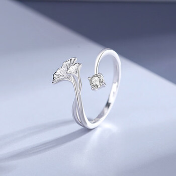 mengshipin银杏戒指925银情侣对戒指开口可调节指环食指戒银饰520生日