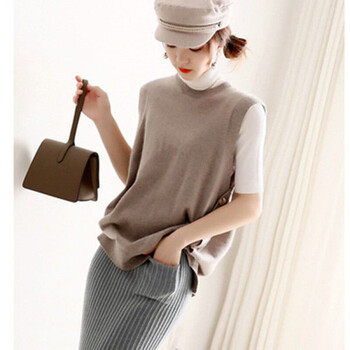 针织无袖毛衣女外穿百搭毛线背心春秋季针织女宽松圆领背心纯色侧纽扣