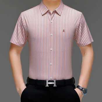 梦特娇衬衫男款夏天抗皱男装男士商务正装半袖桑蚕丝衬衣条纹高档桔