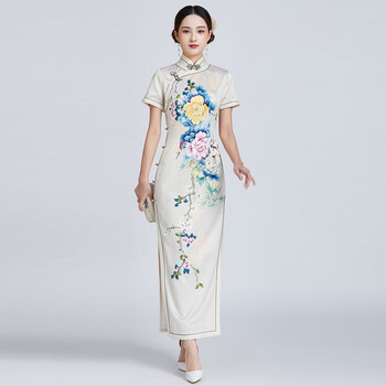 戎诺真丝旗袍裙改良时尚桑蚕丝夏季新款宴会旗袍裙礼服白色s