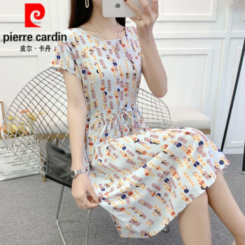 皮尔卡丹（pierre cardin）夏季时尚新款棉绸连衣裙人造棉抽绳小个子碎花外穿收腰中长裙子女 天蓝串钱藤(有口袋) S