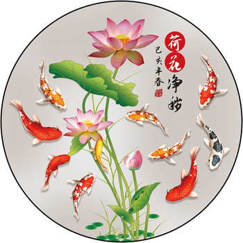 中国古美術・荷花鯉鱼図三尺画芯・啓功印款・水墨画・純手描き
