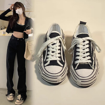 卓诗尼黑白格女鞋秋季新款超火炸街乞丐须边ins潮鞋女士气质时尚帆布