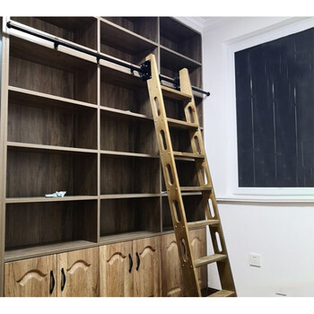 2022新款书架专用梯子书架实木家用滑道木直梯子扶梯图书馆室内多功能